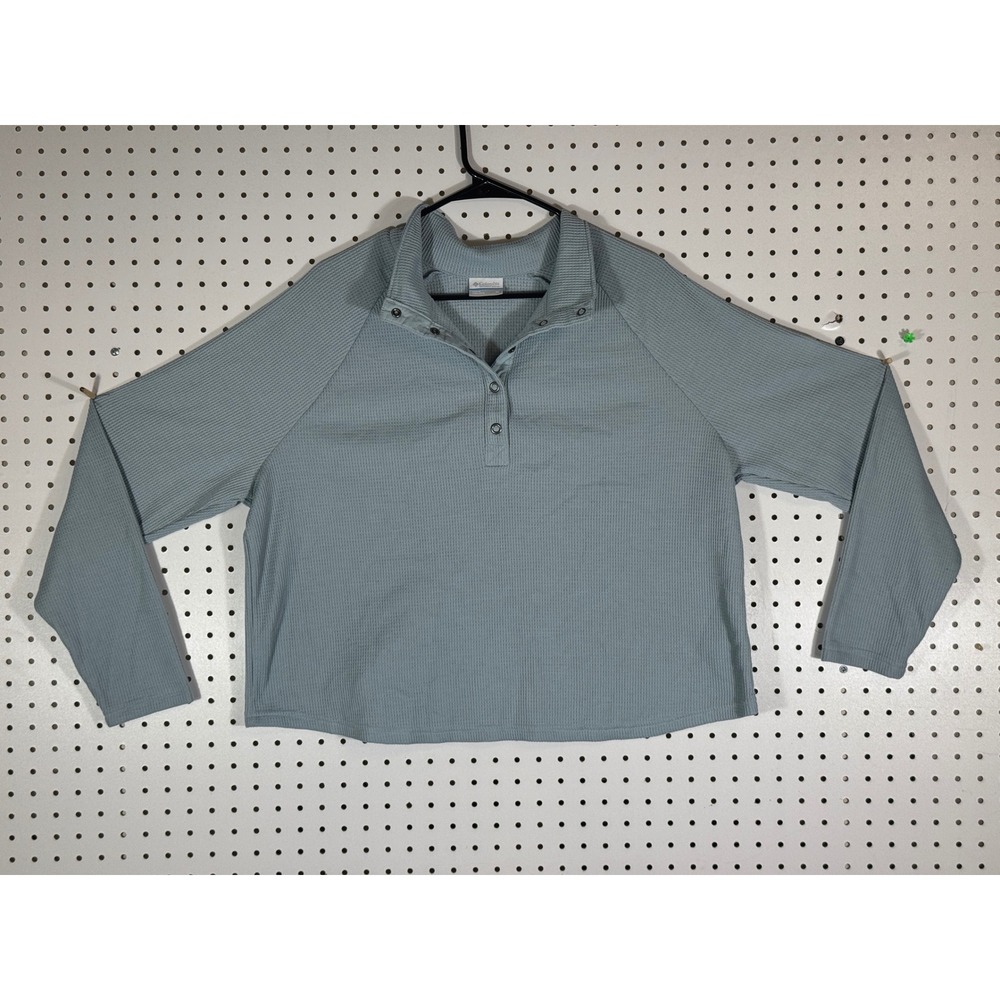 Columbia Womens XL Waffle Knit Snap Mock Neck Pullover Blue Gray AL5496